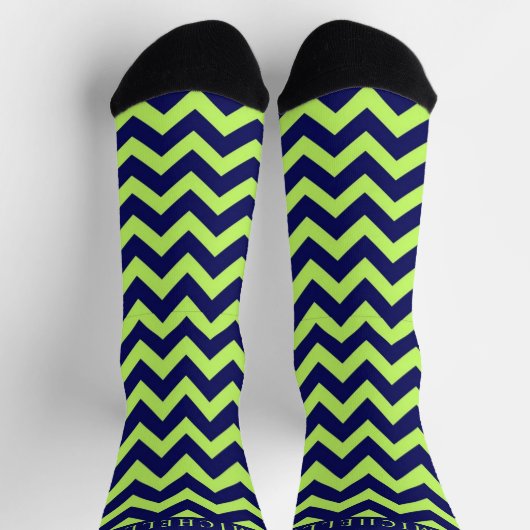 Custom Lime Green Navy Zickzack Muster Socken (Oben)