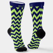 Custom Lime Green Navy Zickzack Muster Socken (Gewinkelt)