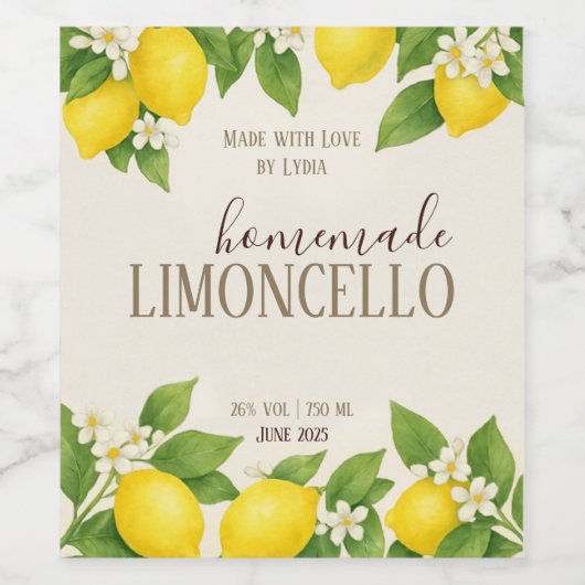 Custom Limoncello Label with Watercolor Lemons Weinetikett (Einzelnes Label)