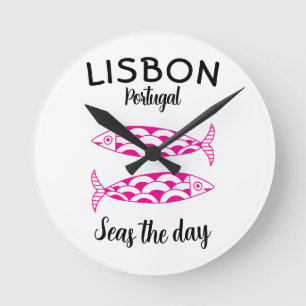 Custom Lissabon Portugal Küstenreise Grüner Fisch Runde Wanduhr