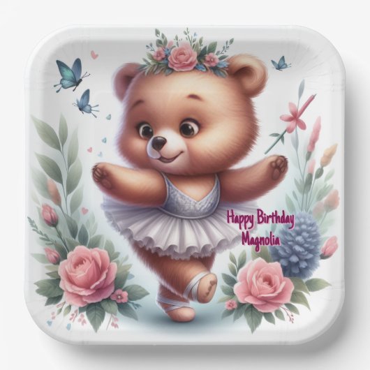 Custom Little Ballerina Bear Birthday Paper Plates Pappteller (Vorderseite)