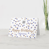 Custom Logo Blue Gold Confetti Happy Birthday Karte (Vorderseite)