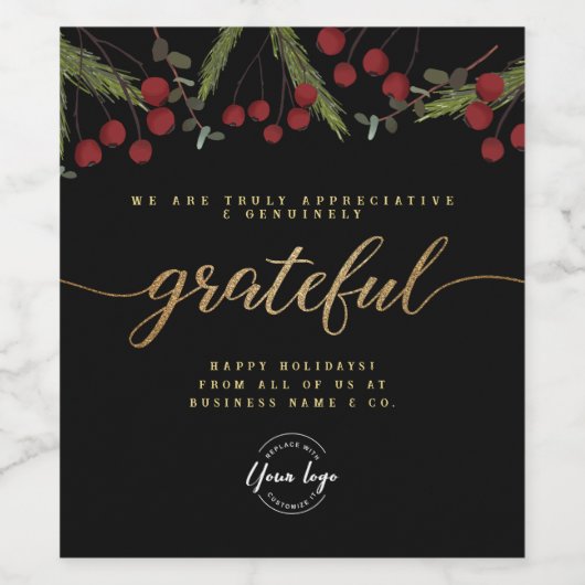 Custom logo Botanical Foliage “Grateful” Holiday Weinetikett (Einzelnes Label)