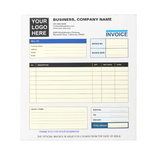 Custom Logo Business Invoice Order Form Notizblock (Vorderseite)