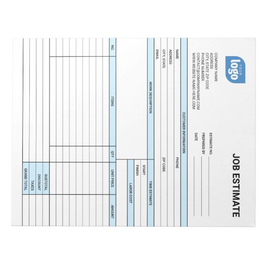 Custom Logo Business Job Estimate Form Notepad Notizblock (Vorderseite)