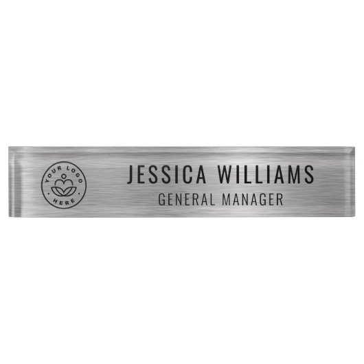 Custom Logo Employee Name Luxe Faux Brushed Silver Namensplakette (Vorderseite)
