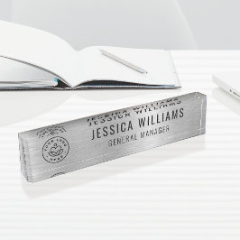 Custom Logo Employee Name Luxe Faux Brushed Silver Namensplakette
