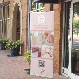 Custom Logo Foto Collage QR Bäckerei Business Pink Ausziehbarer Banner