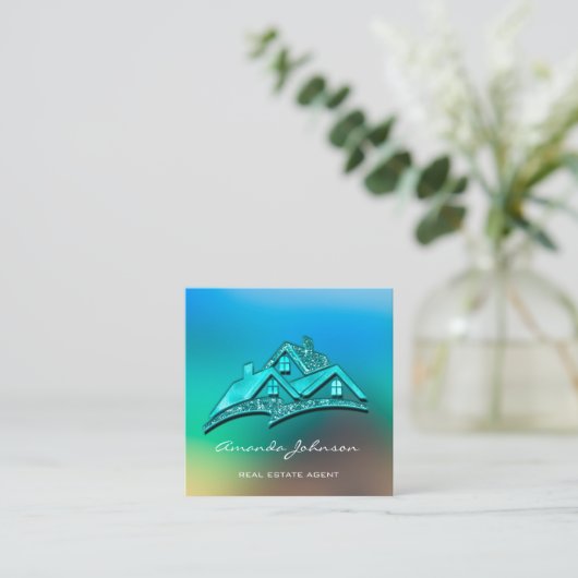 Custom Logo House Real Anwesen Agent Blue Ombre Quadratische Visitenkarte (Stehend Vorderseite)