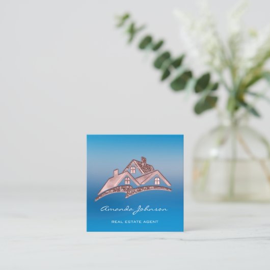 Custom Logo House Real Anwesen Agent Zuhause Blue Quadratische Visitenkarte (Stehend Vorderseite)