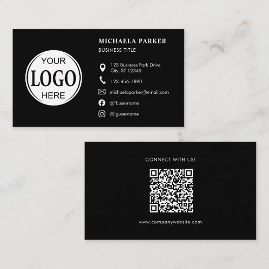 Custom Logo Icons Modern Black QR Code Visitenkarte (Vorne/Hinten)