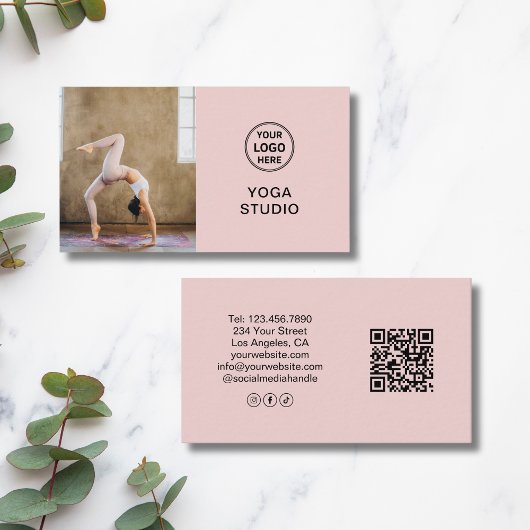 Custom Logo Photo QR Yoga Instructor Teacher Pink Visitenkarte