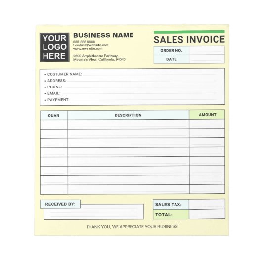 Custom Logo, Sales Invoice Receipt Small Business Notizblock (Vorderseite)