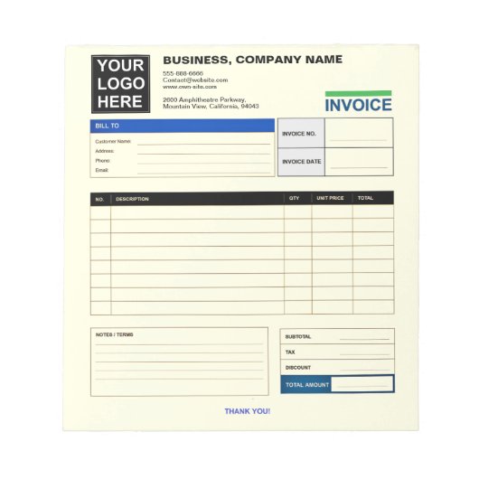 Custom Logo Small Business Invoice Sales Receipt Notizblock (Vorderseite)