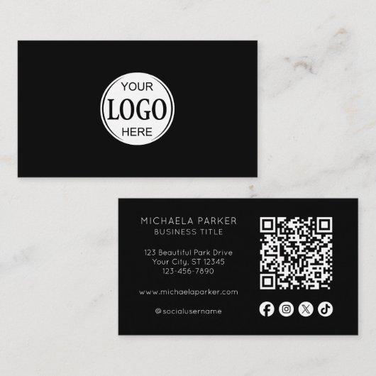 Custom Logo Social Icon QR Code Professional Black Visitenkarte (Vorne/Hinten)