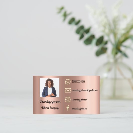 Custom Logo Social Media Gold QR Code Foto Rose Visitenkarte (Stehend Vorderseite)