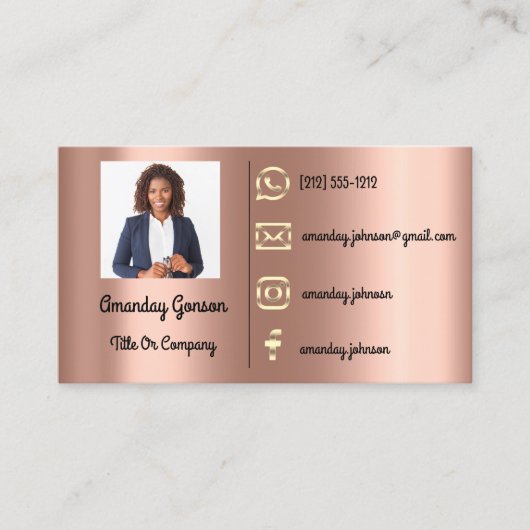 Custom Logo Social Media Gold QR Code Foto Rose Visitenkarte (Vorderseite)