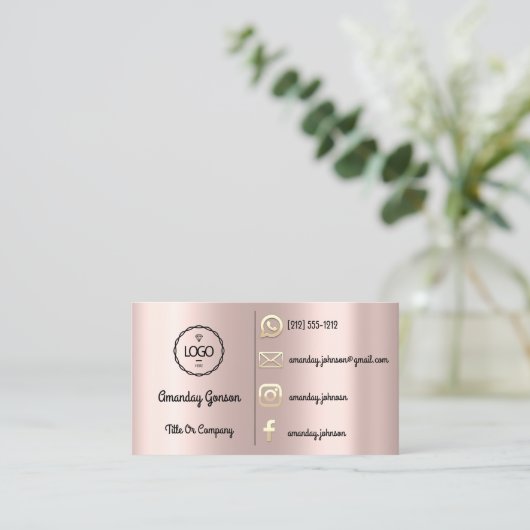 Custom Logo Social Media Gold QR Code Rose Gold Visitenkarte (Stehend Vorderseite)