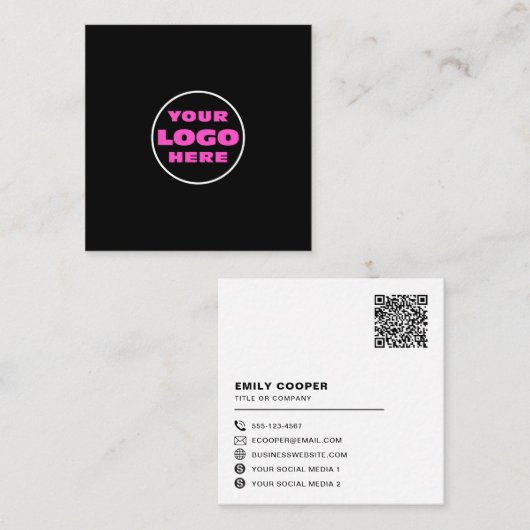 custom logo social media icons QR code black Quadratische Visitenkarte (Vorne/Hinten)