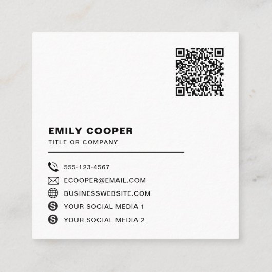 custom logo social media icons QR code white Quadratische Visitenkarte (Rückseite)