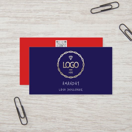 Custom Logo Social Media QR Code Gold Navy Red Visitenkarte (Vorderseite/Rückseite Beispiel)