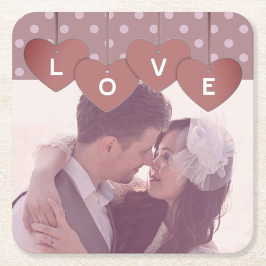 Custom Love Hearts Banner Overlaid Custom Photo Rechteckiger Pappuntersetzer (Vorderseite)