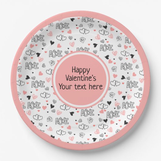 Custom Love Text Hearts Hand Drawn Valentine Plate Pappteller (Vorderseite)