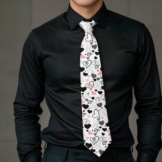 Custom Love Tie Pink Black Heart Sketch Krawatte
