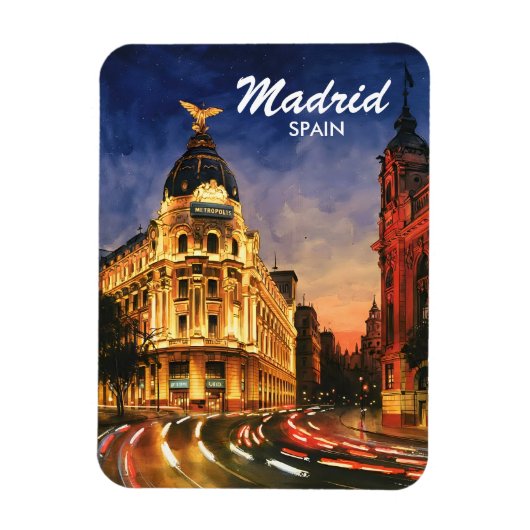 Custom Madrid Spain Night Watercolor Cityscape Magnet (Vertikal)
