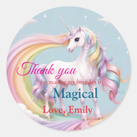 Custom Magical Unicorn Rainbow Birthday Party Runder Aufkleber (Vorderseite)