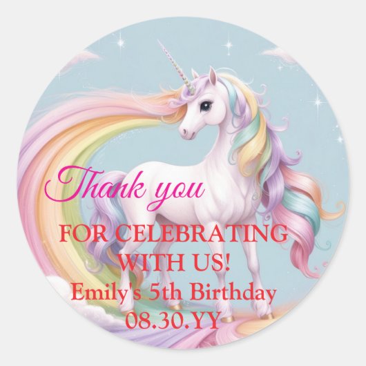 Custom Magical Unicorn Rainbow Birthday Party Runder Aufkleber (Vorderseite)