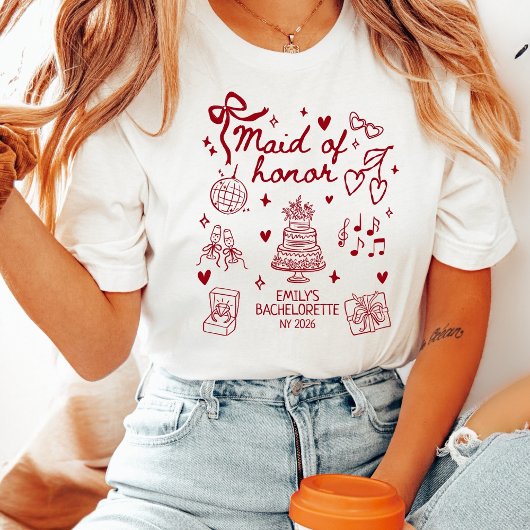 Custom Maid of Honor Coquette Red Bow Bachelorette T-Shirt