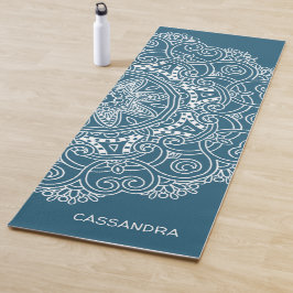 Custom Mandala Art Pattern on Dark Aquamarin Blue Yogamatte