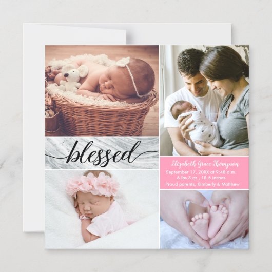 Custom Marmor Pink gesegnete Foto Collage Baby Gir Magneteinladung (Vorderseite)