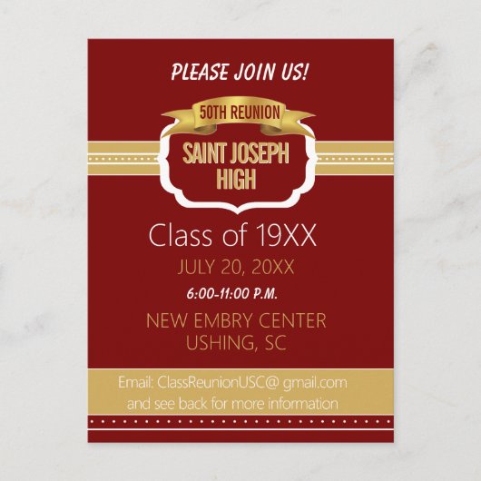 Custom Maroon 50th Class Reunion Invite Postkarte (Vorderseite)