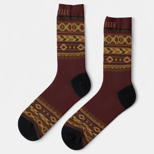Custom Maroon Red Gold Yellow Aztec Muster Socken (Linkes Detail)