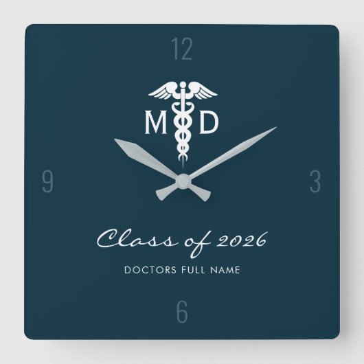 Custom Medical Doctor Blue Caduceus Symbol Office Quadratische Wanduhr (Vorderseite)