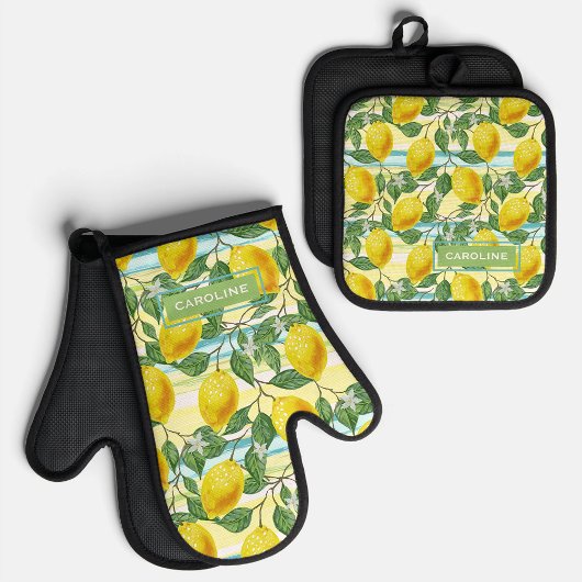 Custom Mediterranean Summer Lemon Fruchtmuster Ofenhandschuh & Topflappen-Set
