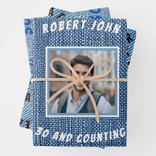 Custom Meilenstein Golden Birthday Denim Geschenkpapier Set (Beispiel)