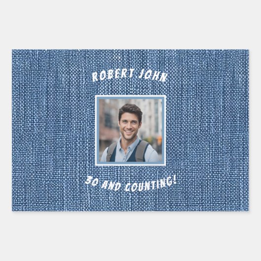 Custom Meilenstein Golden Birthday Denim Geschenkpapier Set (Vorderseite)