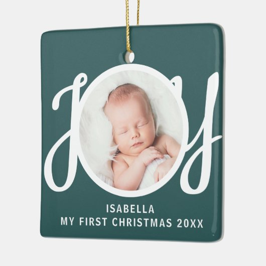 Custom Mein erstes Weihnachts-Foto Green Keepake Keramikornament (Links)