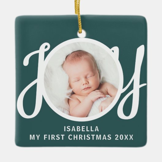 Custom Mein erstes Weihnachts-Foto Green Keepake Keramikornament (Vorderseite)