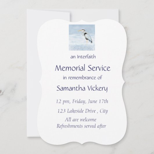 Custom Memorial Service Einladung Blue Heron Bird (Rückseite)
