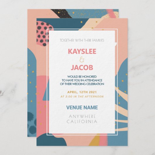 Custom Memphis Style Abstrakt Gold Pink & Aquamari Einladung (Vorne/Hinten)