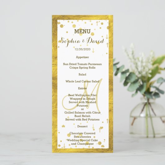 Custom Menu (Menü) für den Hochzeitsgoldstreifen Menükarte (Stehend Vorderseite)