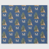 Custom Mercury Christmas Monogram Tiger & Tree Blu Geschenkpapier (Flach)