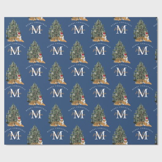 Custom Mercury Christmas Monogram Tiger & Tree Blu Geschenkpapier (Flach)