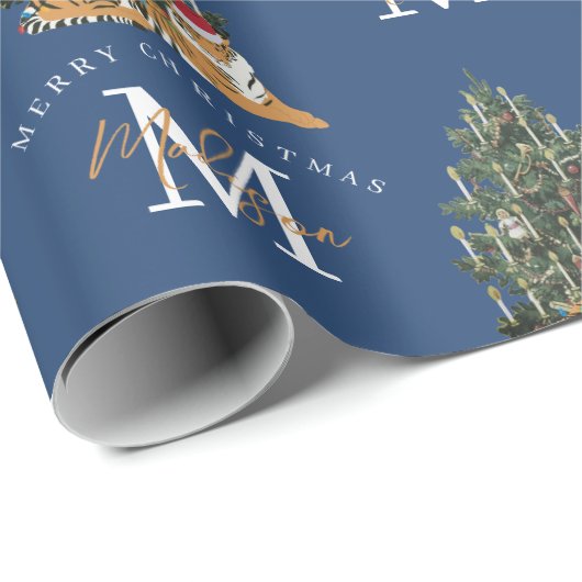 Custom Mercury Christmas Monogram Tiger & Tree Blu Geschenkpapier (Rolleneckpunkt)