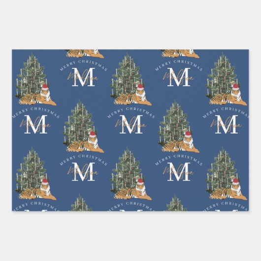 Custom Mercury Christmas Monogram Tiger & Tree Blu Geschenkpapier Set (Vorderseite)
