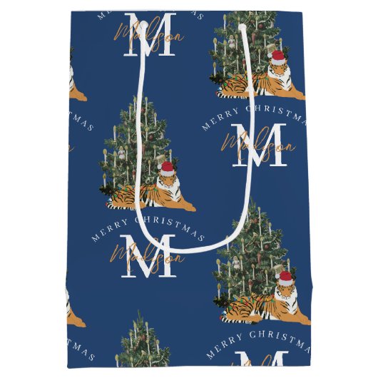 Custom Mercury Christmas Monogram Tiger & Tree Blu Mittlere Geschenktüte (Rückseite)